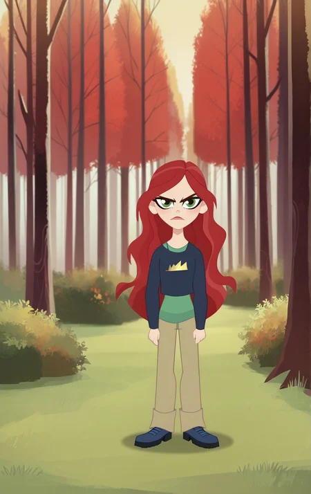 ((score_9)), score_8_up, ((high quality)), ((masterpiece)) BREAK
DCSG Style, PamelaI, ((PamelaI Normal)), red hair, pants, looking at viewer, frowning, good anatomy, five fingered hands, forest background<lora:DC_Superhero_Girls_2019:0.8>,<lora:pony_good_hands:0.8>