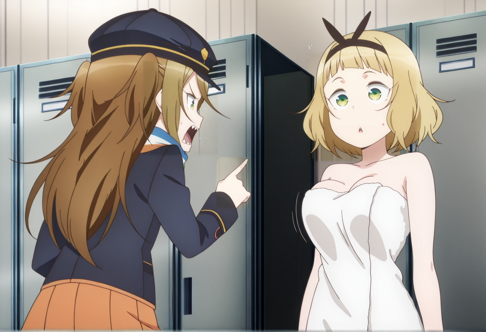 2girls, indoors, breast envy, locker room, anime screenshot, anime screencap, anime coloring, 1girl, brown hair, green eyes, long hair, two side up, cap, multicolored scarf, blue coat, orange skirt, pleated skirt, thighhighs, angry, open mouth, sharp teeth, pointing at another  <lora:mari_35th:1>
BREAK
2girls, indoors, breast envy, locker room, anime screenshot, anime screencap, anime coloring, 1girl, short hair, blonde hair, blue eyes, hairband, towel, bouncing breasts, surprised   <lora:usagi_35th:1>, masterpiece, best quality, amazing quality, very aesthetic, absurdres, highres, newest