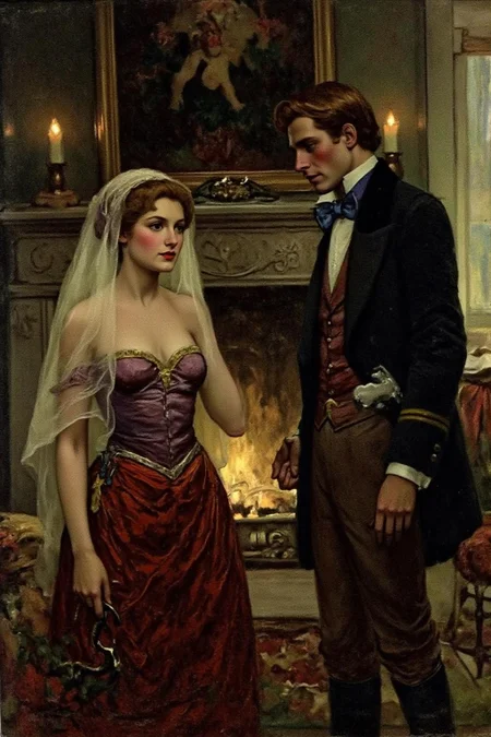 schoonover1 illustration. hopy1.
The scene is set in a dimly lit, ornate room with a warm, golden glow, suggesting a fireplace or candlelight. On the left is a woman draped in a veil. On the right is the side view of a man looking at her. <lora:schoonover1_cap_d6a3e11:1.0><lora:831477472328617994:0>