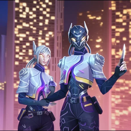 v4lorantvyse, vyse, vyse \(valorant\), multiple girls, gloves, holding, 2girls, jacket, yellow eyes, ponytail, weapon, white hair, outdoors, belt, pants, fingerless gloves, armor, mask, night, black pants, knife, blue jacket, building, cropped jacket, pouch, city, holding knife, white eyes, sleeveless jacket, city lights