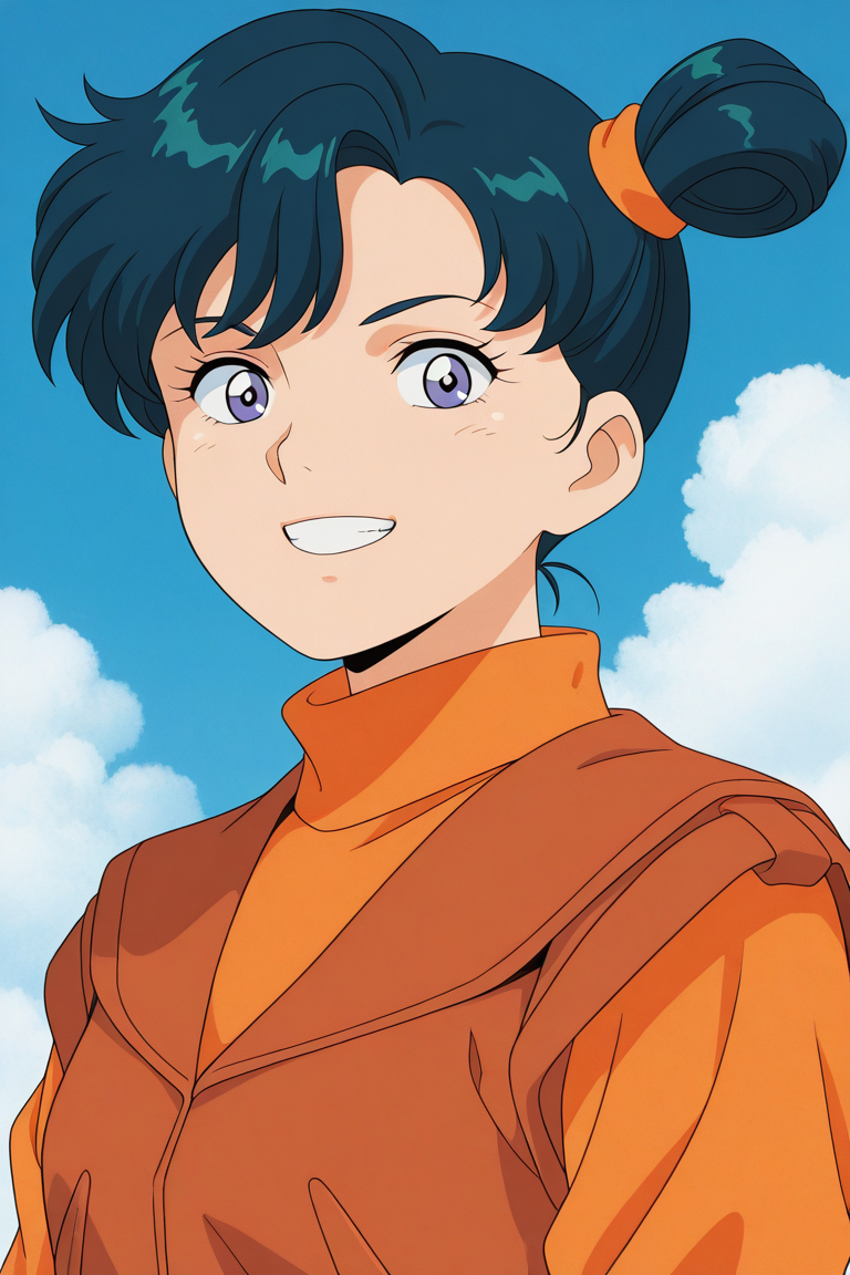 masterpiece, best quality, source_anime,official art,perfect_anatomy,retro_artstyle, 1girl,Martina,blue hair,short hair,side ponytail,hair bun,vest,turtleneck,(beautiful detailed face,looking_at_viewer,grin),upper body,day,blue_sky,cloud