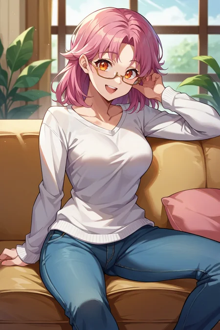 score_9, score_8_up, score_7_up, score_6_up, source_anime, BREAK 1girl, solo <lora:dqmaam-pdxl-nvwls-v1-000005:1> priMaam, pink hair, orange eyes, medium hair, medium breasts, white sweater, jeans, glasses, sitting, couch, looking at you, happy