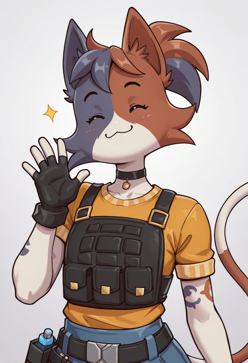 masterpiece, good quality, best quality, very awa, very as2, absurdres, highres, 2d, CateMeowdyFN, anthro, calico, simple face, multicolor fur, ears, cat ears, tail, solo, gloves, hand up, fingerless gloves, :3, furry, animal ears, upper body, choker, short sleeves, shirt, smile, happy, straight-on, body fur, arm markings, ponytail,  <lora:CateMeowdyFortnite:0.8>