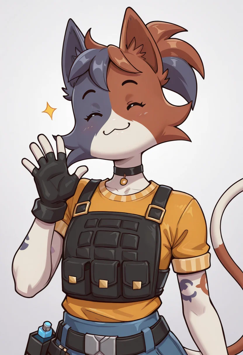 masterpiece, good quality, best quality, very awa, very as2, absurdres, highres, 2d, CateMeowdyFN, anthro, calico, simple face, multicolor fur, ears, cat ears, tail, solo, gloves, hand up, fingerless gloves, :3, furry, animal ears, upper body, choker, short sleeves, shirt, smile, happy, straight-on, body fur, arm markings, ponytail, <lora:CateMeowdyFortnite:0.8>