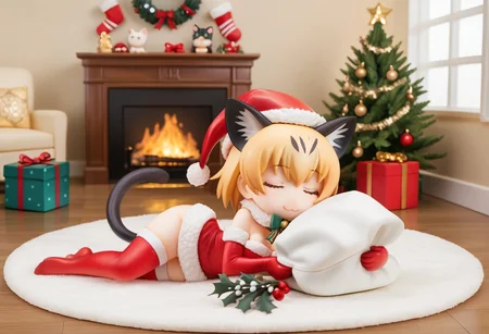 1girl, ((solo)), best quality, ultra-detailed, extremely detailed, perfect anatomy, masterpiece, score_9, score_8_up, score_7_up, Expressiveh, sand cat \(kemono friends\), 1girl, cat girl, cat ears, blonde hair, short hair, cat tail, christmas tree, christmas decoration, christmas ornaments, underneath Christmas tree background, indoors, santa cosplay, santa outfit, santa hat, santa's sack, Christmas outfit, giant sack of presents, fully clothed, Christmas themed thighhighs, thighhighs, elbow gloves, bowtie, santa's sack of presents, red ribbon collar, Christmas presents, Christmas themed, living room, fireplace, (chibi), cute, adorable, closed eyes, sleeping, smiling, laying on side, side view, tail_accessory, mistletoe_on_tail, mistletoe, closeup,