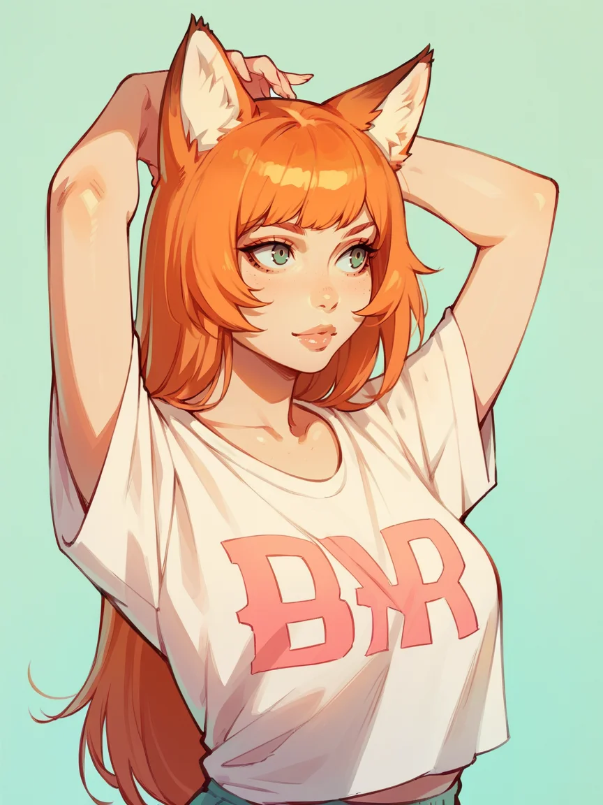 score_9, score_8_up, score_7_up, score_6_up, 1girl, curvy, t-shirt, <lora:1ly4XLP:1> 1ly4, ginger hair, fox ears,