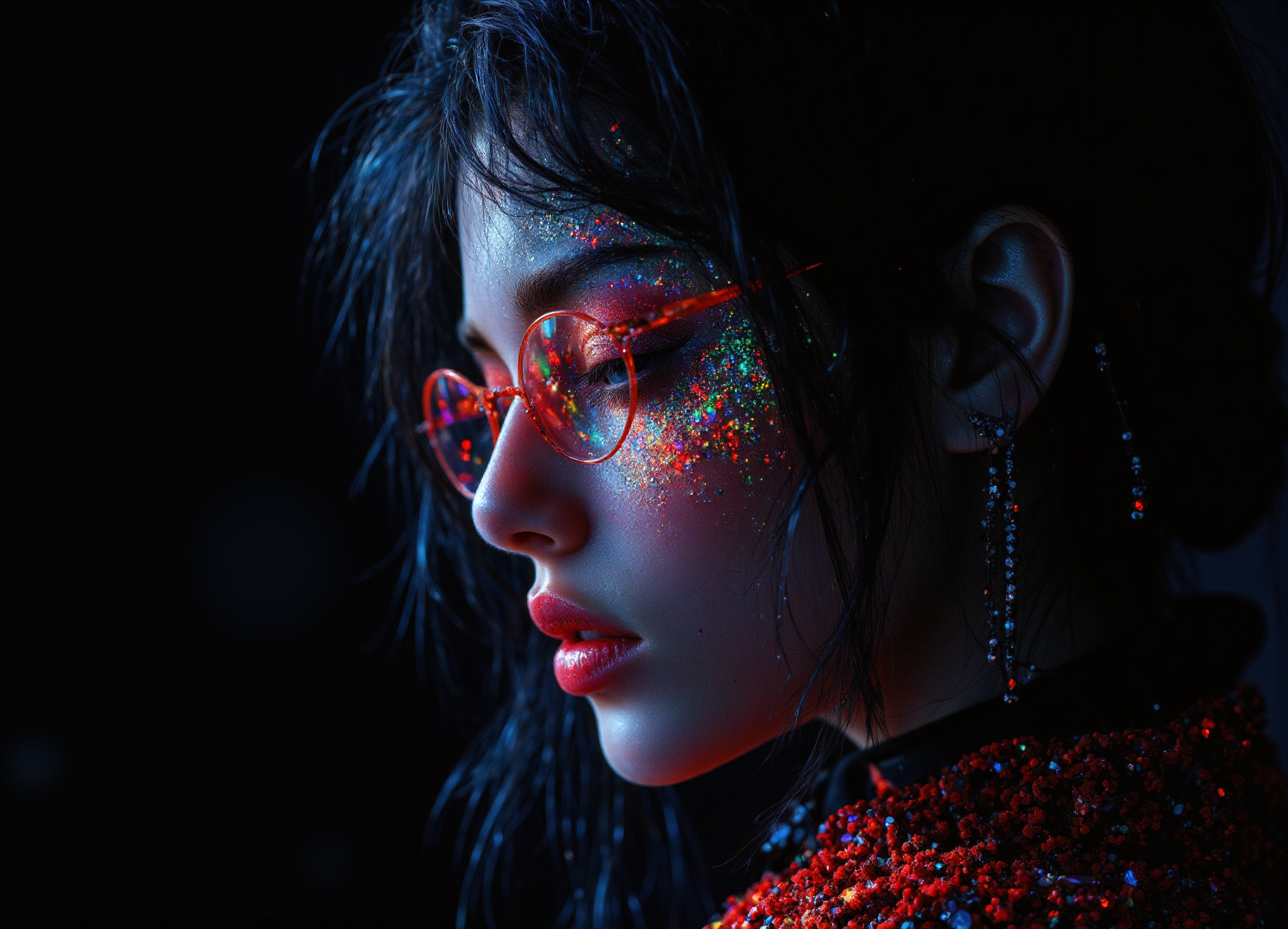 rainbow colored silhoutte outline against a dark background/ a female reaper/ anime/ magical fantasy/ plasma pattern/ Basic colors/ Tight clothing/ hard nipples/ navel/
