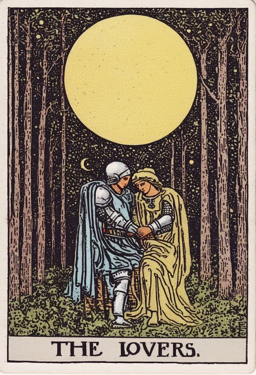 tarot card, moon, the lovers, armour, medieval, forest, trees, woodcut illustration, intricate, vintage, textured paper,
