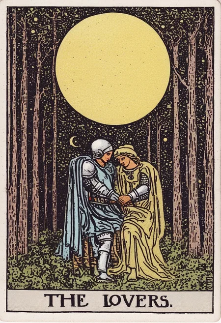 tarot card, moon, the lovers, armour, medieval, forest, trees, woodcut illustration, intricate, vintage, textured paper,