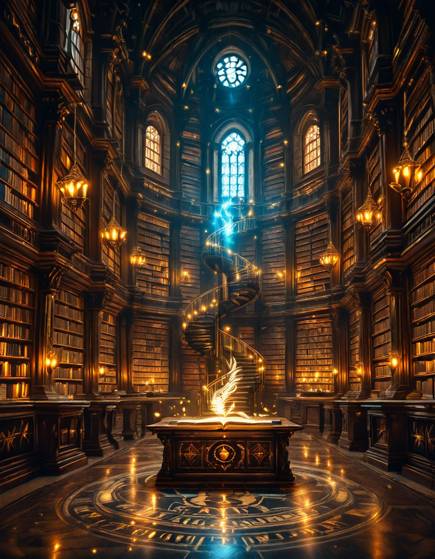 grand enchanted library filled with towering wooden bookshelves that stretch endlessly into the distance, packed with ancient, leather-bound books glowing with mystical runes. The atmosphere is illuminated by floating candles and ethereal blue and golden lights that hover in the air, casting a warm, magical glow. A spiral staircase made of dark oak winds upward, disappearing into the shadows of the high-vaulted ceiling adorned with intricate celestial carvings. Wisps of enchanted mist swirl around the floor, while some books levitate gently from shelf to shelf, as if guided by an unseen force. The air shimmers with dust particles suspended in soft, golden light filtering through stained glass windows, depicting mythical creatures and arcane symbols. The scene is rich in deep, warm tones of mahogany, gold, and sapphire, evoking a sense of wonder, mystery, and timeless knowledge. The image is highly detailed and photorealistic, capturing the textures of the aged books, the glow of magical elements, and the enchanting stillness of this mystical sanctuary of wisdom.
<lora:SDXLFaeTastic2400:0.4> <lora:extremely_detailed:0.4> extremely detailed,<lora:3nch4nt3d_l1br4ry-ill:1>,3nch4nt3d l1br4ry, Masterpiece,best quality,hi res,8k,hi res,8k,award winning,(sharp focus, intricate, highly detailed),