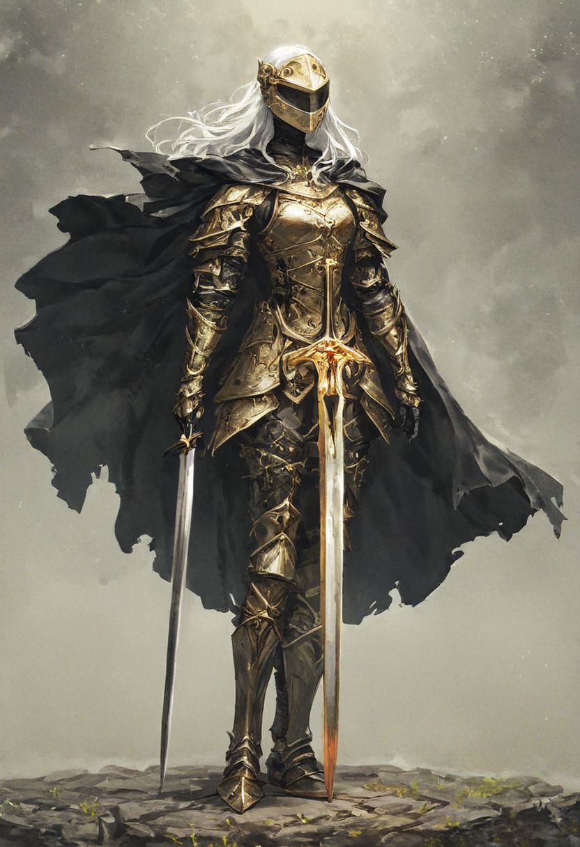 full body1.9, score_9, score_8_up, score_7_up, rating_questionable,female, dark knight, long white hair, beautiful face, bulky, heavy, visor helmet, medieval, dark theme, armor, golden sword, golden trim, black cape , (masterpiece, best quality, highly detailed, realistic) <lora:add-detail-xl:0.65> <loractl:EnvyBetterHiresFixXL01:0:hr=1> <lora:xl_more_art-full_v1:0.1>