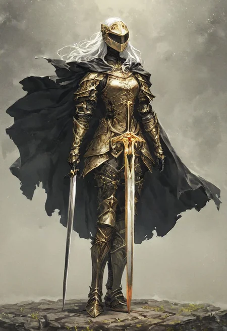 full body1.9, score_9, score_8_up, score_7_up, rating_questionable,female, dark knight, long white hair, beautiful face, bulky, heavy, visor helmet, medieval, dark theme, armor, golden sword, golden trim, black cape , (masterpiece, best quality, highly detailed, realistic) <lora:add-detail-xl:0.65> <loractl:EnvyBetterHiresFixXL01:0:hr=1> <lora:xl_more_art-full_v1:0.1>