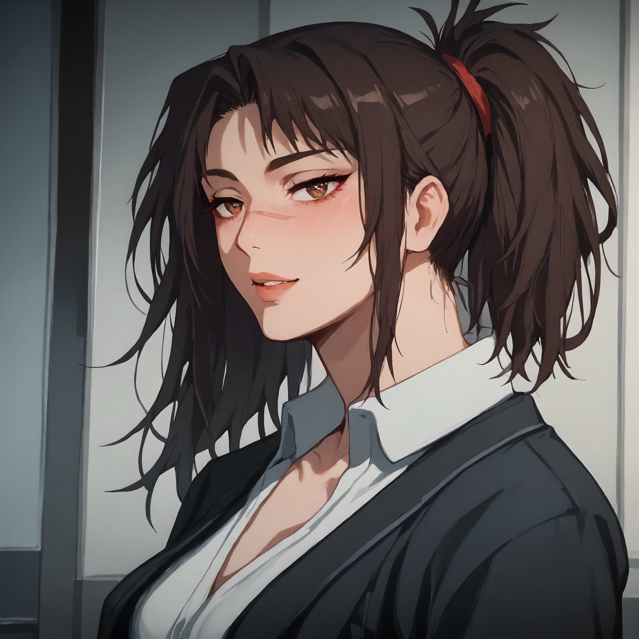 <lora:Art Style Limbus Story Art (Vellmori):1> l1mbu5v3ll,       <lora:Character CSM Michiko Tendo v2:1> csmt3ndo, score_9, score_8_up, score_7_up, score_6_up, score_5_up, score_4_up, masterpiece, detailxl. BREAK
