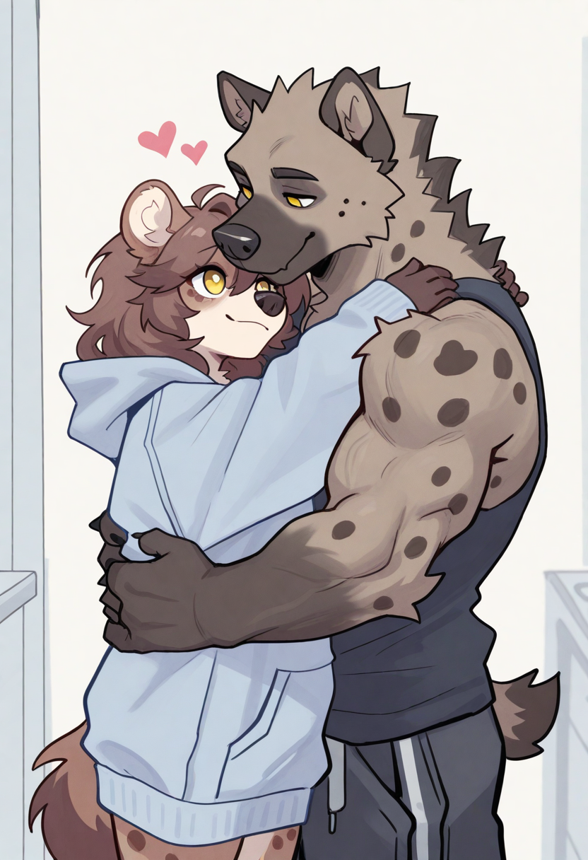 best quality, amazing quality, very aesthetic, absurdres, newest, by overcyan, duo, BREAK
furry, male, 1boy, bear, brown fur, hug, muscular, hearts, gently nuzzling, 1female, hyena, yellow eyes, spots, detailed background, casual oversized clothes, <lora:OverCyan_style_Illustrious:1>