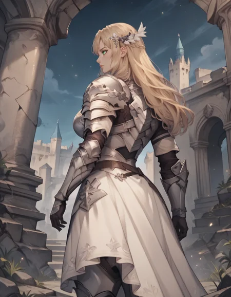 score_9, score_8_up, score_7_up,score_6_up, score_5_up, score_4_up ,1girl, solo,
large breasts,
noradg,
long hair, blonde hair,green eyes, hair ornament,
armored dress, belt boots, shoulder armor, breastplate, armored boots,
castle, ruins, light particles, night,
from below,
from behind, profile,
<lora:NoraDG_PDXL-v01-000003:1>