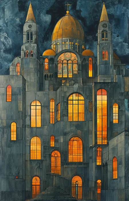 masterpiece,best quality,<lora:tbh312-sdxl:0.9>,illustration,designed by Adolf Loos Gothic revival cathedral with intricate spires and stained glass windows, bathed in moonlight
