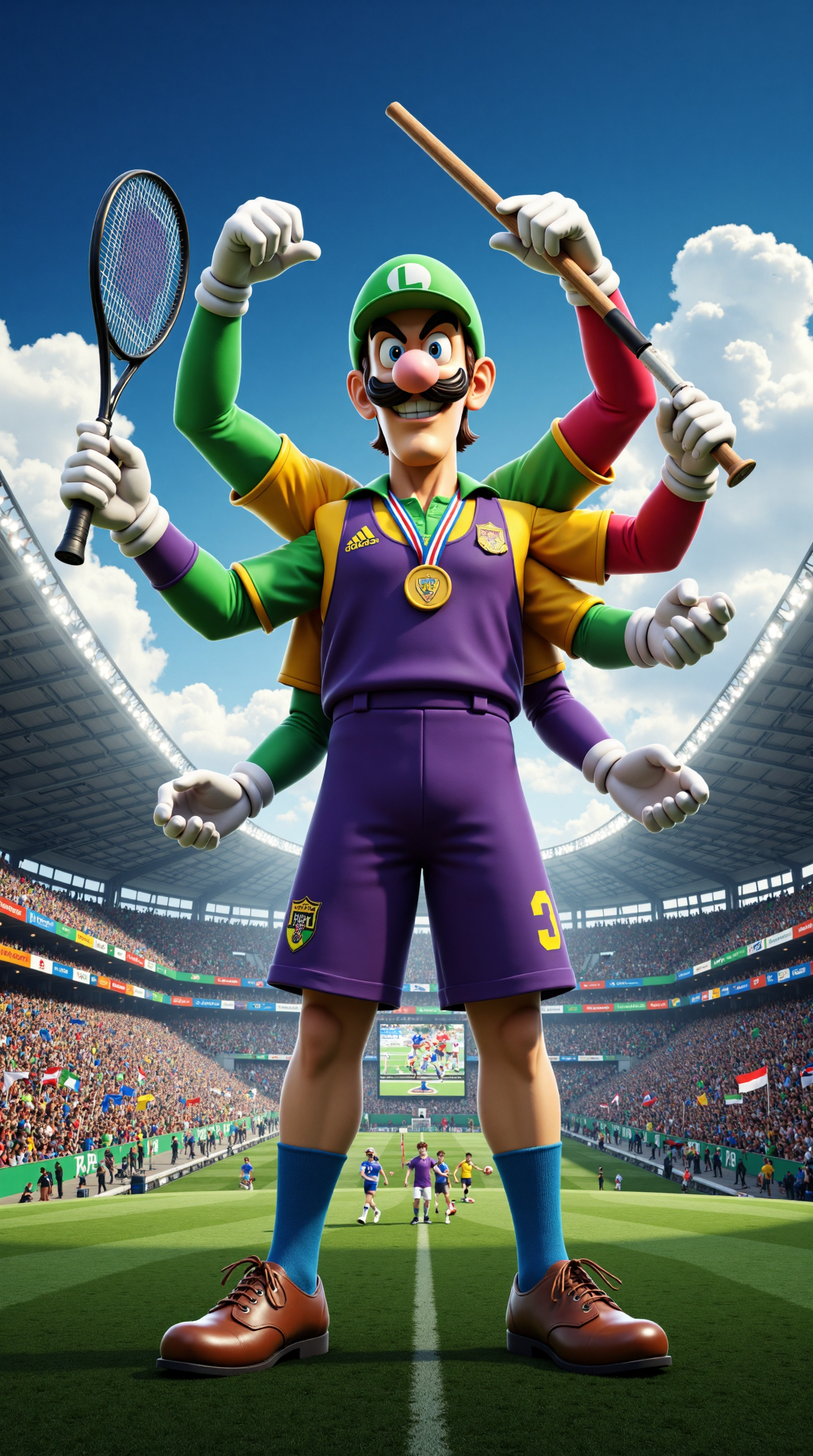 A photoreal, realistic photo of A Waluigi with manymany arms, each arm wearing a different colored glove, posing in a dramatic stance with his arms stretched out in all directions. One arm is holding a tennis racket, another is grasping a golf club, and a third is clutching a baseball bat, while a fourth arm is giving a thumbs up to the camera. His manymany arms are also draped in various sports jerseys and medals, with a few arms crossed over his chest, and others resting on his hips. His eyes are gleaming with a mischievous spark, and his mouth is curled into a sly grin. The camera is positioned low to the ground, looking up at Waluigi from a dramatic angle, with the sky and a few fluffy white clouds visible in the background.
The scene is set in a sprawling, futuristic sports stadium, with a massive screen displaying a montage of Waluigi's greatest athletic achievements. The stadium is filled with a sea of cheering crowds, all dressed in Waluigi's signature purple and green colors, waving flags and banners with his logo emblazoned on them. The air is electric with excitement, and the atmosphere is charged with anticipation, as if Waluigi is about to make a grand entrance onto the field. The overall mood is one of high-energy spectacle, with bold, vibrant colors and dynamic lines, capturing the essence of Waluigi's over-the-top personality.
The image is photorealistic and has cinematic vibes. Beautiful atmospheric lighting. Professional photography. <lora:ManyMany:0.7>