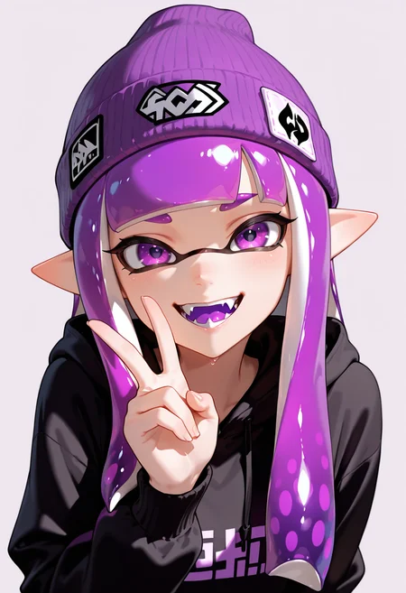 masterpiece, best quality,absurdres, ultra-detailed, high resolution,
inkling, 1girl, solo, hood, pointy ears, purple hair, hat, purple eyes, hoodie, fangs, smile, long hair, colored tongue, open mouth, bangs, looking at viewer, long sleeves, v, upper body, purple headwear, simple background, blunt bangs, hood down, beanie, black hoodie