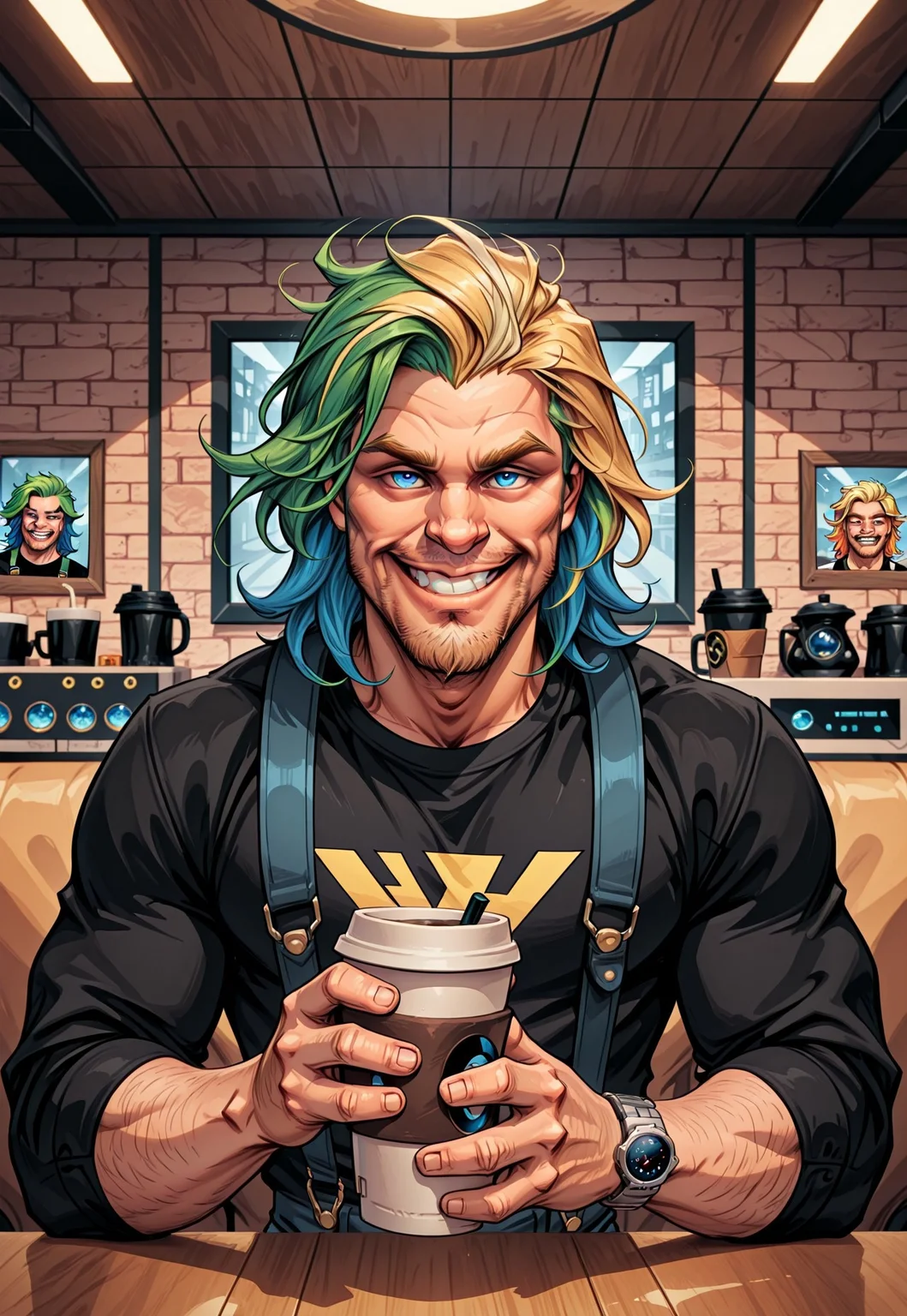 animated nightmare style, 1boy, male focus, facial hair, green hair, multicolored hair, cup, solo, smile, wristwatch, blue eyes, holding cup, watch, disposable cup, holding, looking at viewer, upper body, blonde hair, two-tone hair, shirt, stubble, teeth, indoors, beard, black shirt, suspenders