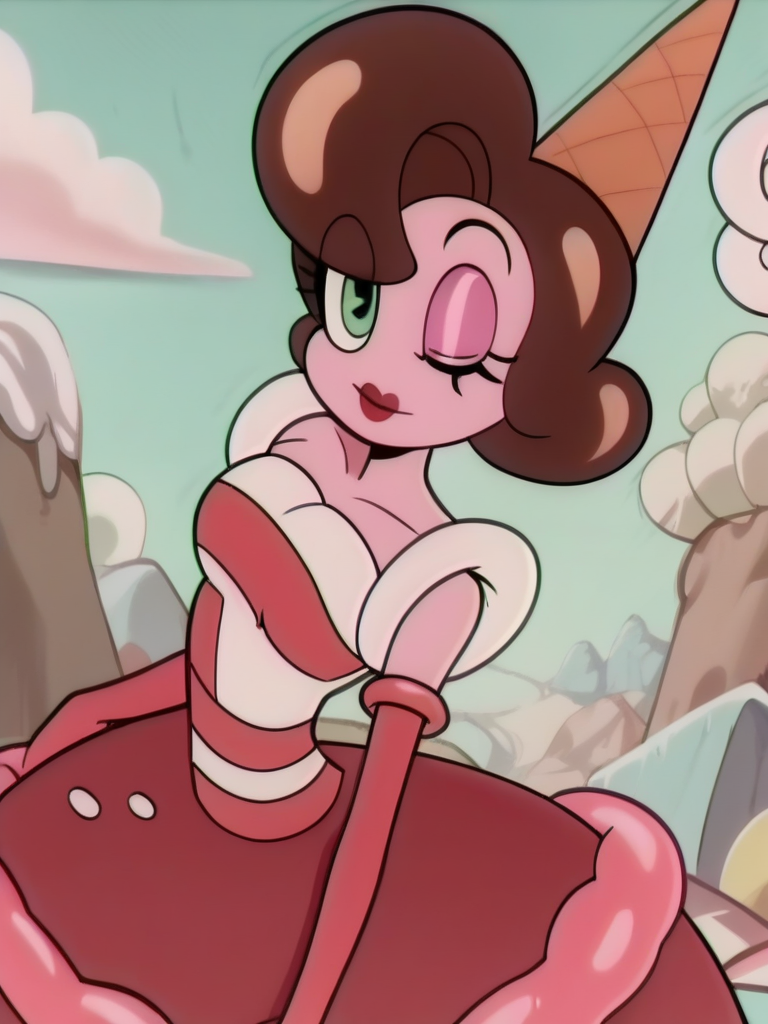 score_9, score_8_up, score_7_up, leaning forward, sexy pose, cowboy shot, (dynamic pose:1.1), dynamic angle, light smile, hands at side, medium breasts, landscape, from side, one eye closed, closed mouth, looking at viewer, 
<lora:BaronessVonBon_character:1>, BaronessXLP, brown hair, short hair, green eyes, colored skin, makeup, parted lips, pink skin, very narrow waist, thin arms, dress, elbow gloves, ice cream cone, cartoon, retro artstyle, anime screencap, exaggeration