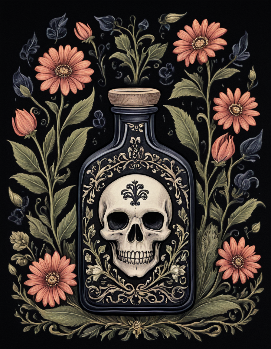 novuschroma81 style bottle of poison with fumes and surrounded by symmetrical flowers, style of folk art <lora:novuschroma81 style:1>