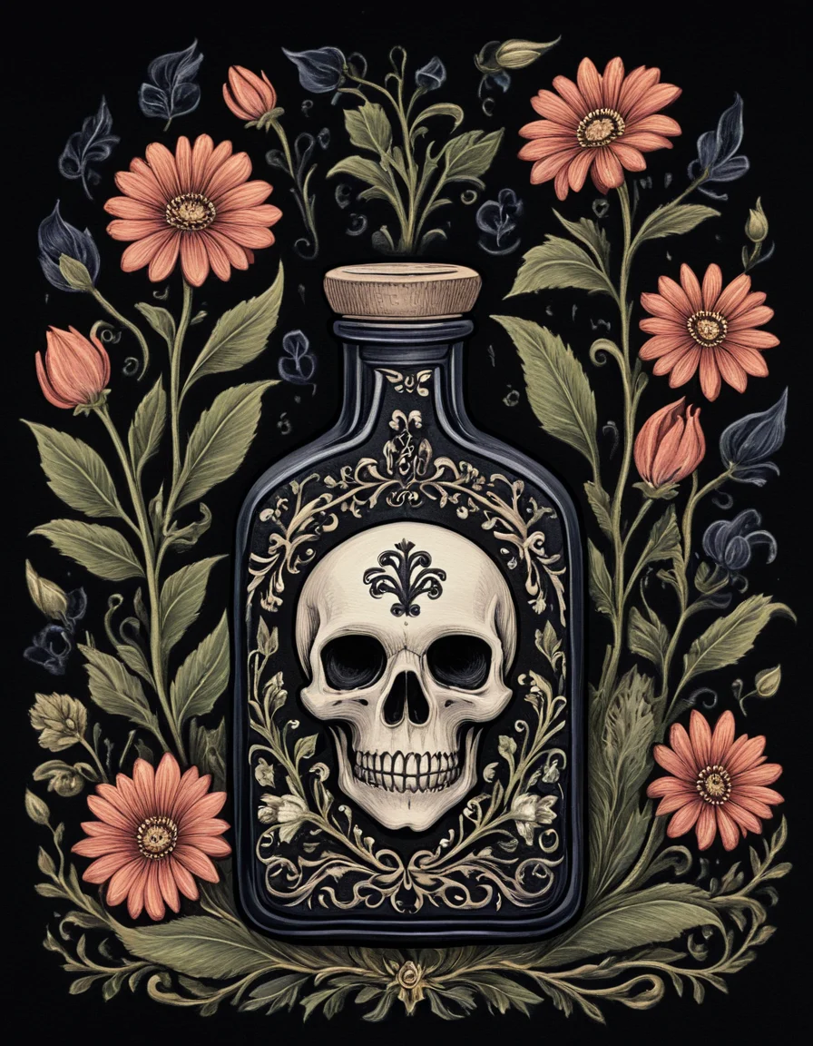 novuschroma81 style bottle of poison with fumes and surrounded by symmetrical flowers, style of folk art <lora:novuschroma81 style:1>