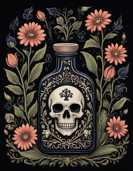 novuschroma81 style bottle of poison with fumes and surrounded by symmetrical flowers, style of folk art <lora:novuschroma81 style:1>