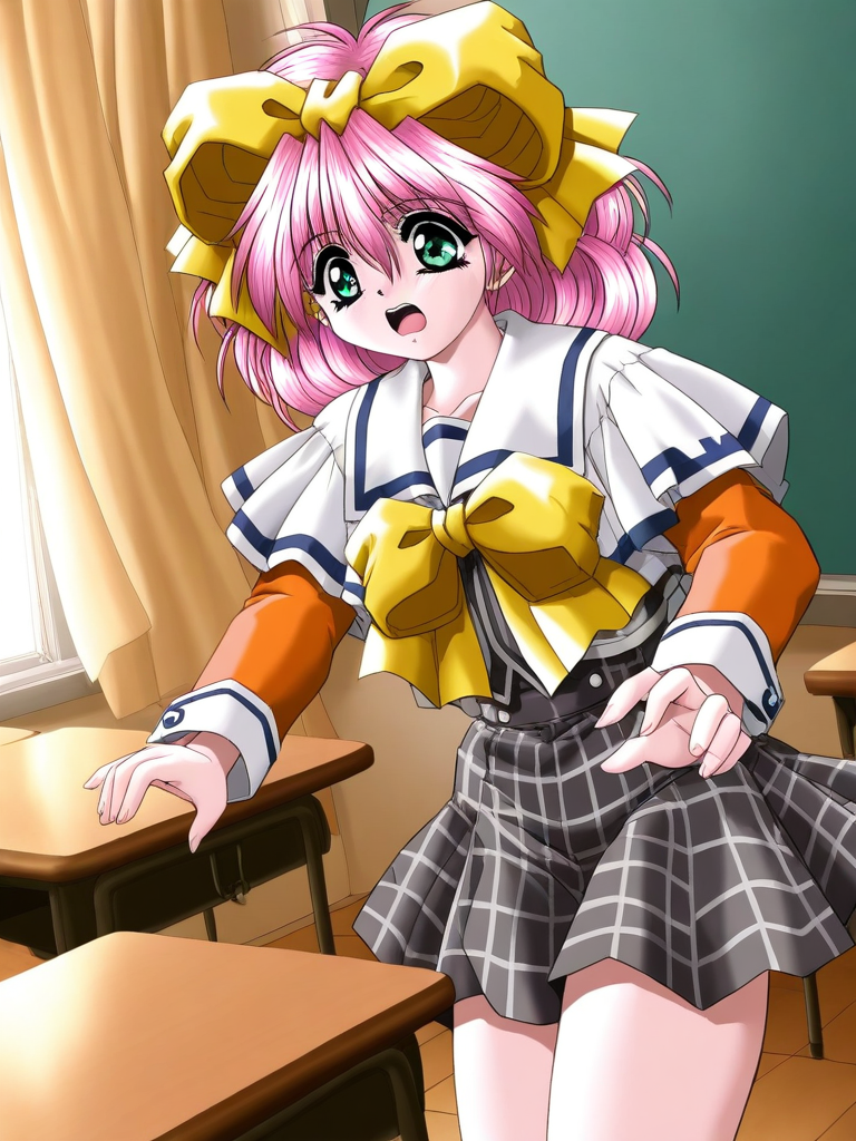 general,highres, ultra-detailed,very aesthetic,best quality ,best hands, BREAK <lora:Kanzaki_Suzu_Akumu_AoiKajitsunoSange_IS:1>
Kanzaki_Suzu, 1girl, solo, pink hair, medium hair, yellow bow, green eyes, hair bow, short,
school uniform, gray plaid skirt, white and black skirt, orange sleeve,
surprised,
open mouth,
class room, curtain,