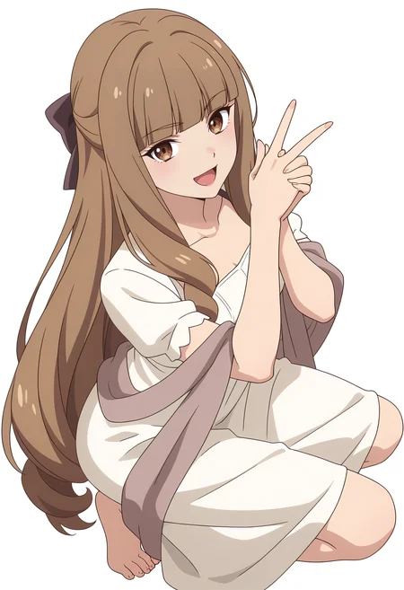 Smooth Quality,masterpiece,very intricate, high quality details, ultra realistic, high detailed skin,detailed enviorement,
white background, simple background, 
from above,;d,gyaru v,crouching pose, hands clasped, one foot forward, intense gaze, ready-to-move posture,  ,
 <lora:Klyrode_Elizabeth_Cinabrio:0.8> klyrodeelizabeth/cnn, 1girl,brown hair, long hair,brown eyes, blunt bangs, very long hair,dress, short sleeves, white dress, shawl,hair bow,
