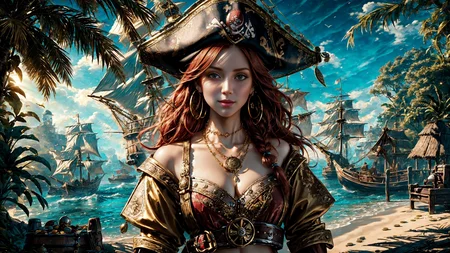 (young redhead pirate woman), (portrait), (parrot:1.2), sharp focus, (ultradetailed), (standing), (happy) smile, pirate (ship galleon:1.2, hoop earrings, gold medallion, Bear Brownpirate clothes, pirate hat, hips, pirate (village), leafy beach coast, (treasure chest with coins, gems and jewels:1.2), (rum barrel), best quality masterpiece, bright sunny sky, backlight, natural lights, high contrast, hdr, shadows, pretty, beautiful, feminine, sexy, adorable, lovely, in love, (PirateDiffusionprt:0.5), <lora:Pirate:0.3> PrateT <lora:PirateRealms:0.3> <lora:Detail Tweaker LoRA add_detail:0.8> <lora:depth_of_field_slider_v1:5> <lora:SDXLrender_v2.0:0.9>