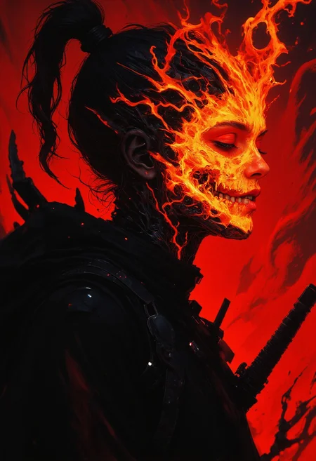 Create a dark, gothic, D4rkCyb3rDyn34n1m3 style surreal digital drawing of a female samurai Ninja in profile, showcasing an exposed head, richly detailed in deep black and grey tones. Ponytail, The head and neck are engulfed in fiery, ethereal flames, vibrant in orange and red, with glowing electric white accents. These flames are chaotic, splattering and extending beyond the clothing, conveying a sense of intense motion. Woman has a devilish grin, radiating a mischievous charm, as if casting a voodoo spell. Set against a vivid background that sharply contrasts with the dark hues and fiery chaos, the flames appear fluid and dripping, adding dynamic energy to the scene. The composition blends horror, fantasy, and surrealism with bold lines and strong color contrasts.