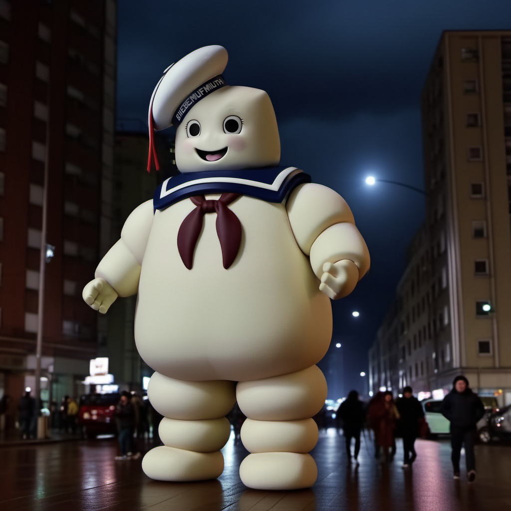 BibendumChamallow1024, a giant with a sailor hat, full body, walks in a city, night , rain , highly detailed, attack on titan, photography, ultra sharp, film, professional, 64k  <lora:BibendumChamallow1024:0.8>