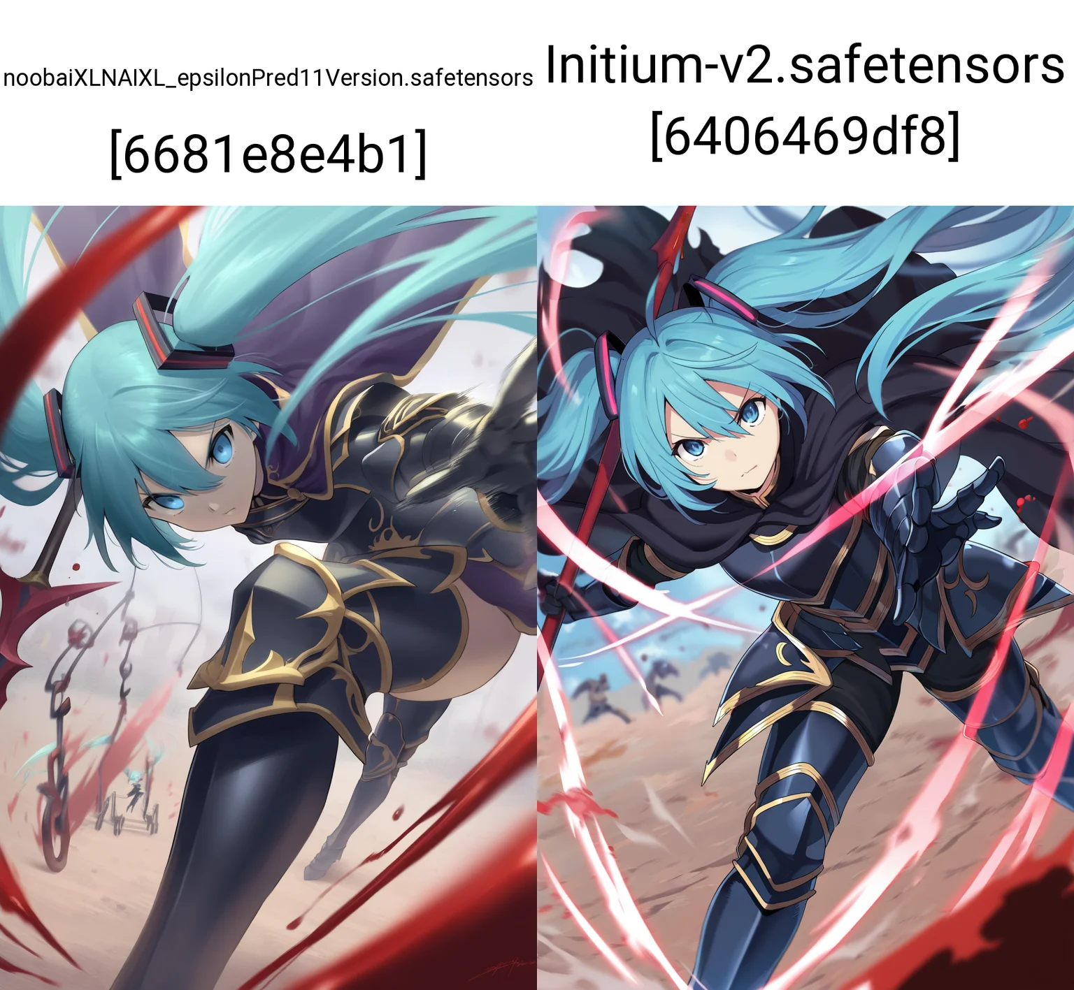 masterpiece, best quality, wearing armor, black armor, gold trim, gauntlets, greaves, cape, holding spear, dynamic pose, hatsune miku, blue eyes, outdoors, aura, foreshortening, angry, dutch angle, reaching towards viewer, unlimited blade works (fate), blood, leaning forward, fighting stance, battle, motion lines, motion blur, swinging, swing,