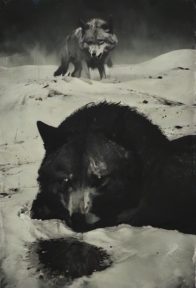 serenade of a (lonely:1.1) crying smiling wolf quivering under a cold blanked of snow mourning a fallen friend on a lost battlefield, beautiful melancholic (solo:1.1) concert, depressive tears of silver, (sad:1.3) lines of a mountain mirror, (howling:1.3) at a sky beyond,  moon, bittersweet faithful night, unexpected loss, <lora:- SDXL - vanta-black_contrast_V3.0:0.8> <lora:Moody__Time:0.8>, <lora:SDXL_feelings_Sa_May:0.5>