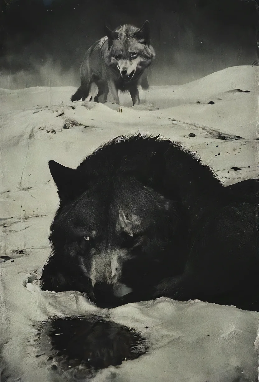 serenade of a (lonely:1.1) crying smiling wolf quivering under a cold blanked of snow mourning a fallen friend on a lost battlefield, beautiful melancholic (solo:1.1) concert, depressive tears of silver, (sad:1.3) lines of a mountain mirror, (howling:1.3) at a sky beyond, moon, bittersweet faithful night, unexpected loss, <lora:- SDXL - vanta-black_contrast_V3.0:0.8> <lora:Moody__Time:0.8>, <lora:SDXL_feelings_Sa_May:0.5>