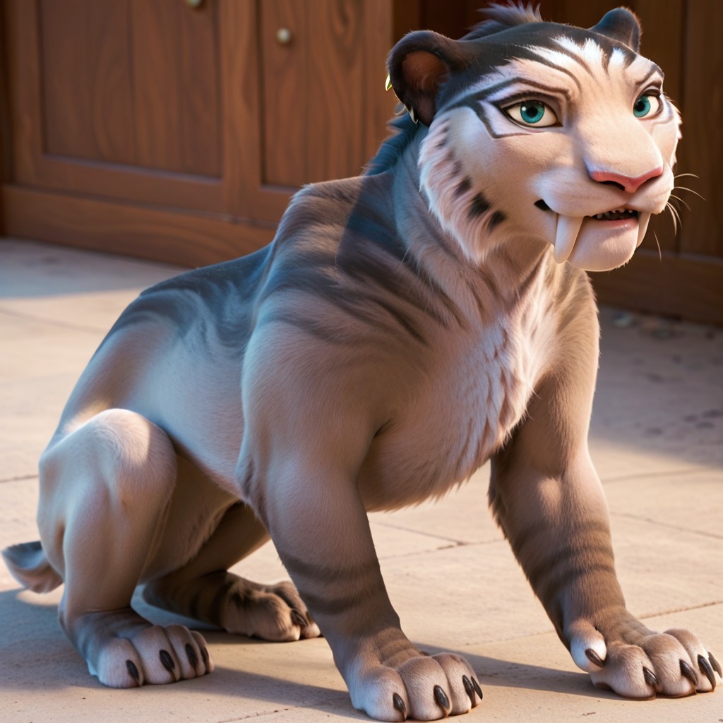 score_9, score_8_up, score_7_up, solo, feral, female, sabertooth tiger, grey fur, blue eyes, looking at viewer, sitting on ground, full body, paws, tail