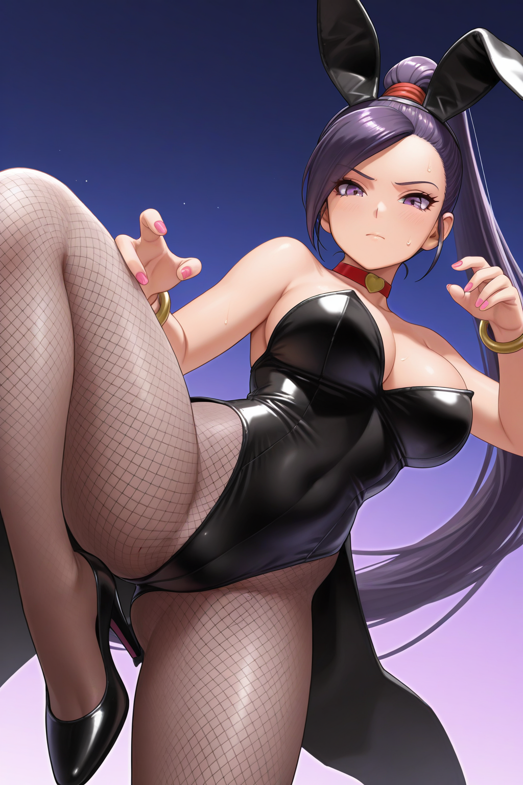 masterpiece, best quality, absurdres, martina \(dq11\), dragon quest, 1girl, animal ears, bangle, bare shoulders, black footwear, black leotard, bracelet, breasts, choker, closed mouth, fake animal ears, fighting stance, fishnet pantyhose, fishnets, foot out of frame, from below, high heels, high ponytail, jewelry, knee up, large breasts, leotard, light blush, long hair, looking at viewer, official alternate costume, pantyhose, pink nails, playboy bunny, ponytail, purple eyes, purple hair, rabbit ears, red choker, solo, sweatdrop, tailcoat playboy bunny, very long hair