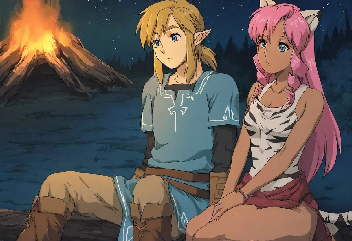 Pink_DragonPink, 1girl, sleeveless dress, white tiger print dress, pelvic curtain, cleavage, white tiger tail, red sash, small breasts, leather shoes, masterpiece, very aesthetic, <lora:pink-illustrious:1>,
Break
1boy,Anime screencap,link (zelda),blonde hair,blue eyes,pointy ears, low ponytail, sidelocks, wearing blue hyilian tunic,
Break
Lost woods at night, sitting on tree stumps, forest campsite, night, moon out, stars in sky, campfire, pink and link touching, leaning against each other, cuddling, sleeping against each other