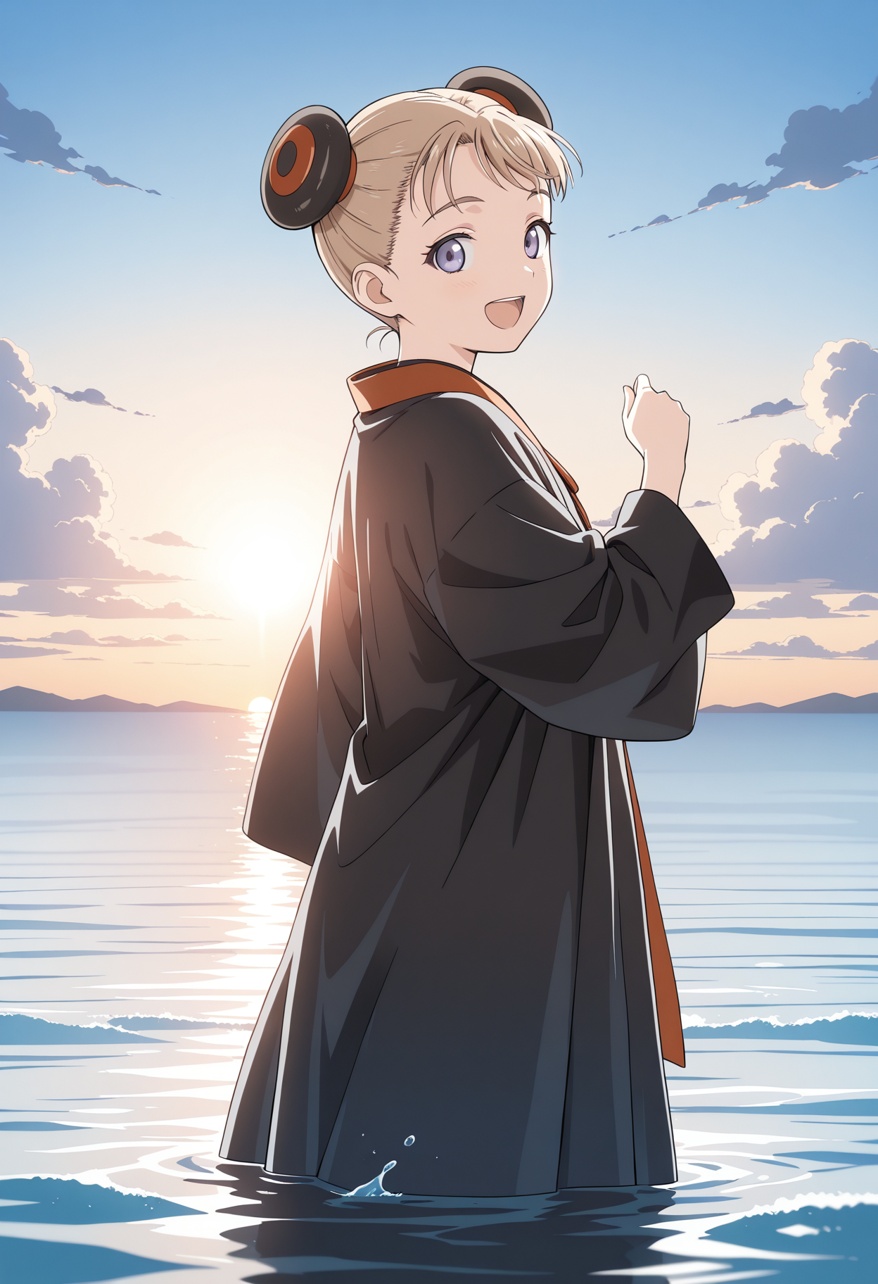 <lora:AlvisEHamiltonIL:1>, alviseh, on water, side view ,looking back, robe, black robe, sun, clouds, open mouth, smile, splash,  solo,
looking at viewer, eye contact, 
masterpiece,best quality,amazing quality,