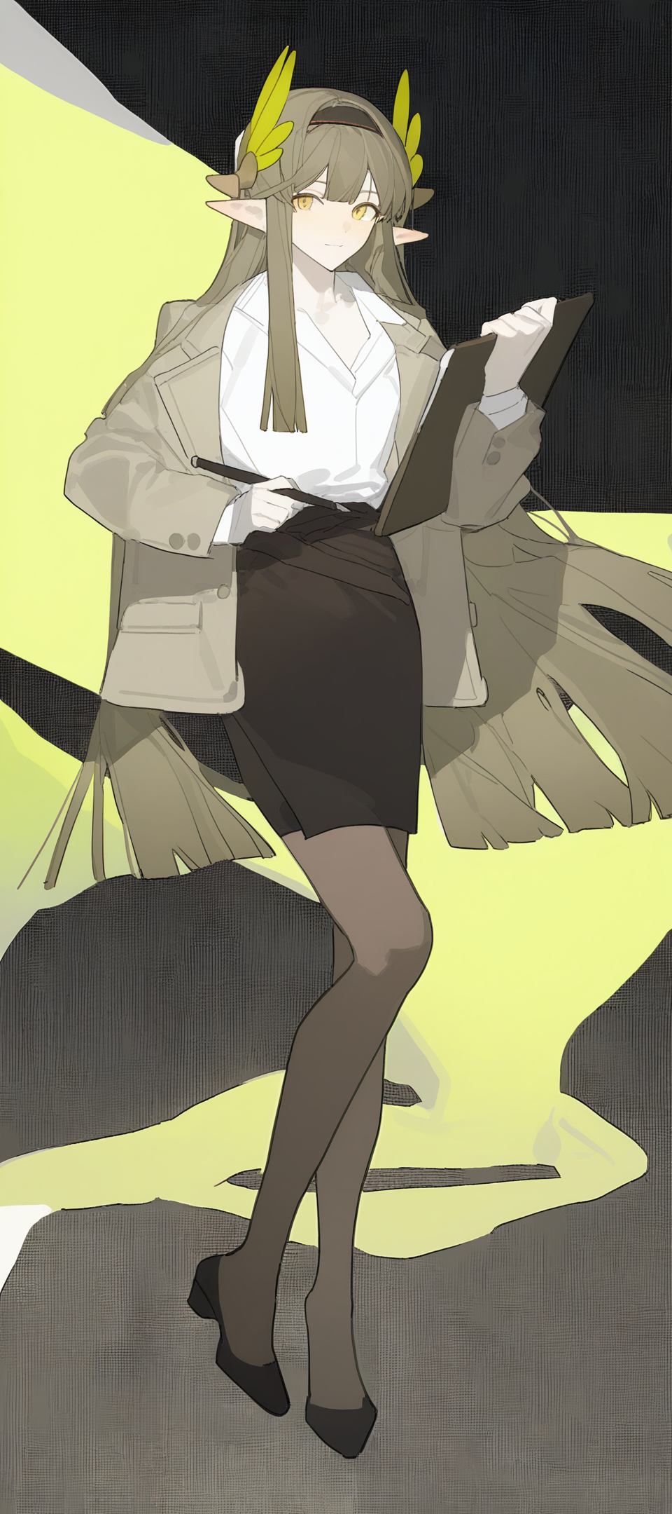 <lora:ãILXLãJacknife-000009:1>,
muelsyse \(arknights\),1girl, yellow_eyes,  very_long_hair,brown_hair, blunt, pointy_ears,feather_hair_ornament,full_body, looking_at_viewer,black_skirt, sheath_dress, white_shirt, pantyhose, blazer,open_blazer, long_sleeves, holding_clipboard, black_High-heeled_shoe,  black_hairband, alternate_costume,simple_background,
masterpiece,best quality,
