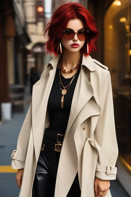 masterpiece, best quality, ultra detailed, bellissima, 1girl, white top, black pants, trench coat, Armani style, very short hair, red hair, freckles, earrings, chain necklace, sunglasses, cowboy shot