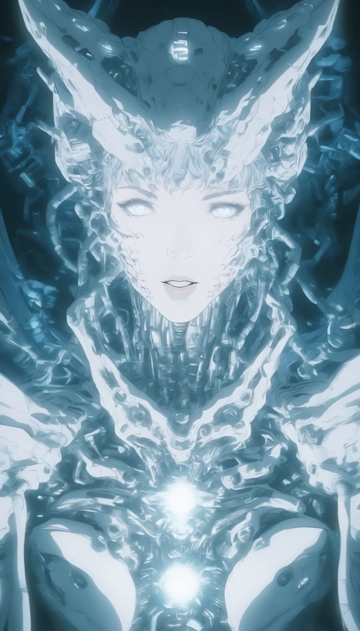 solo, 1girl, straight-on, science fiction, parted lips, upper body, (glowing), head gear, horns, mechanical parts, looking at viewer, white armor