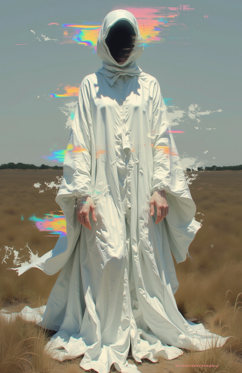psycho_4rt, This is an artheon style painting that merges the surreal with the abstract. The scene depicts a woman dressed in a loose, flowing white shroud. 