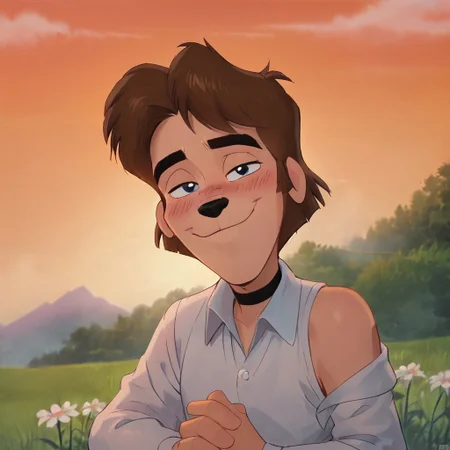 bradleyuppercrust, 1boy, dog nose, animal ears, furry male, short hair, brown hair, blue eyes, solo, hair flower, grass, shy smile, choker, white shirt, collared shirt, ruffle on shirt, puffy sleeves, long sleeves, pov, blush, outdoors, retro artstyle, score_9, score_8_up, score_7_up, score_6_up, score_5_up, score_4_up, looking at viewer, soft lighting, sunset, orange sky, clouds, wheat field, half-closed eyes, light pose, airy fabrics, off shoulder, sitting on grass, white flowers:1.6, upper body, cartoon screenshot, cartoon, ((left hand straightens hair)), relaxed pose, soft, calm,