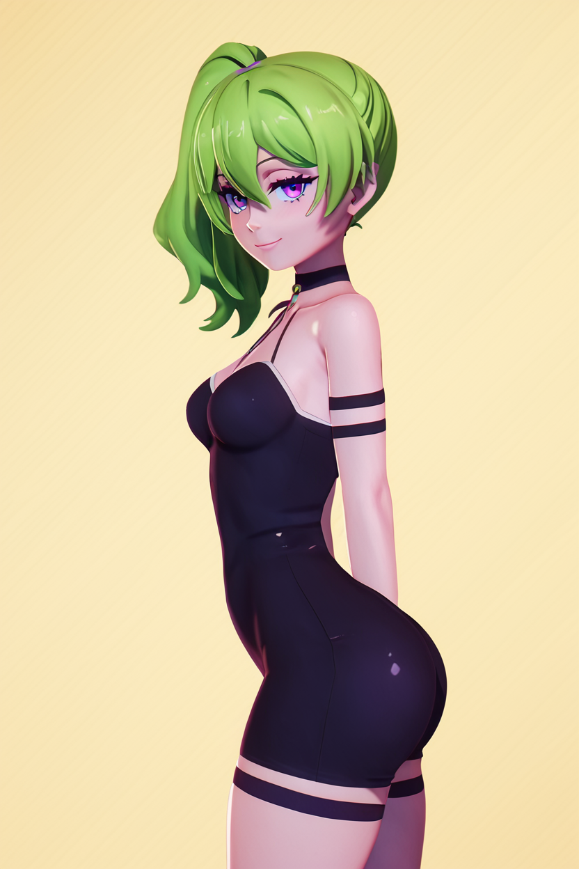 score_9, score_8_up, score_8, medium breasts, (curvy), cute, eyelashes,       BREAK, , <lora:UbelSousounofrieren:0.8>, zzUbel, medium hair, hair between eyes, green hair, side ponytail, purple eyes, black dress, , BREAK, smile, looking at viewer, cowboy shot, side view, ass,  embedding:zPDXL, Expressiveh, <lora:Zy0n7_PDXL:1.0>,  <lora:SDXLFaeTastic2400:0.5>,  <lora:Expressive_H-000001:0.4>,