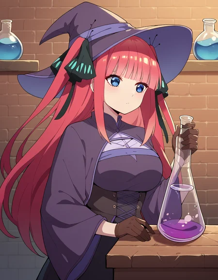score_9, score_8_up, score_7_up, source_anime, <lora:nnakano-s2-ponyxl-lora-nochekaiser:1>, long hair, bangs, blue eyes, hair ornament, hair ribbon, pink hair, blunt bangs, two side up, butterfly hair ornament, large breasts,, <lora:wizard-ponyxl-lora-nochekaiser:1>, wizard, wizard hat, robe, dress, long sleeves, gloves,, indoors, bricks, potion, flask, vial,, cowboy shot,