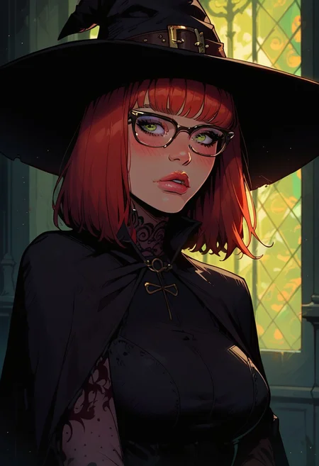 score_9, score_8_up, score_7_up, high quality, 1girl, nerdy-cute witch girl practices spells in arcane laboratory, fair skin, red hair, straight hair, bangs, green eyes, glasses, pouty lips, slim hourglass figure, nubile, big breasts, natural breasts, wide hips, black lace collar, witch hat, skimpy black dress, green fireballs. solo_portrait, closeup, blushing, astonished, fantasy interior, dramatic lighting,