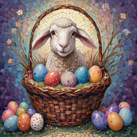 , symbolic religious illustration lamb, hopeful, , basket, filled with candy or eggs, male easter bunny, anthropomorphic hare, colorful eggs, festive clothing and accessories, basket filled with easter eggs, fertility, rebirth, spring, cheerful, Polka dots (paintbrush, cotton swab) , soft, warm lighting, ArsMJStyle, Mosaic art <lora:ArsMJStyle_-_Mosaic:1>