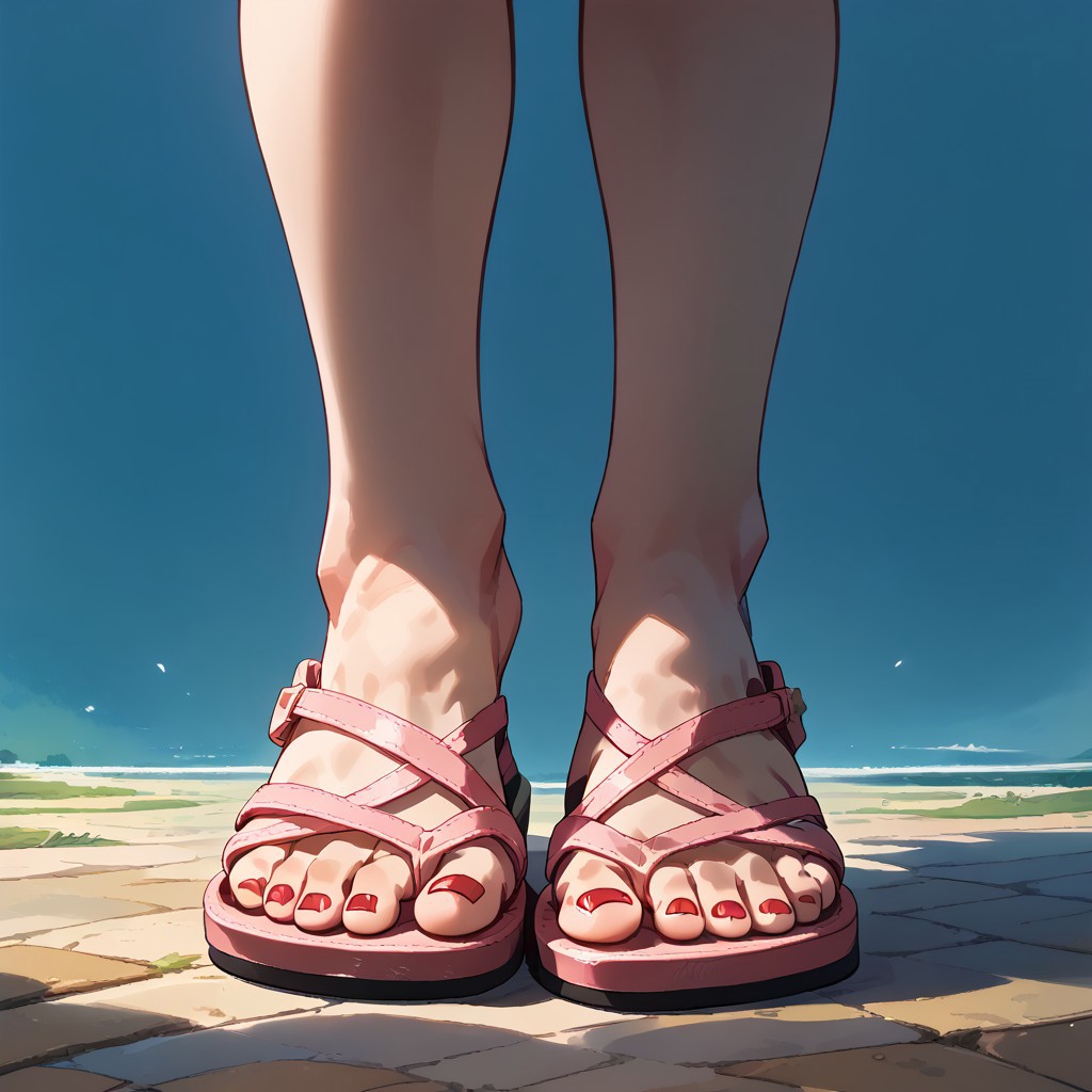 score_9, score_8_up, score_7_up, score_6_up, scource_anime, high quality, best quality, masterpiece, detailed, fca_style,
1girl, close-up, feet, foot focus, walking, crossstrapsandals, sandals, pink footwear, simple background, red nails,