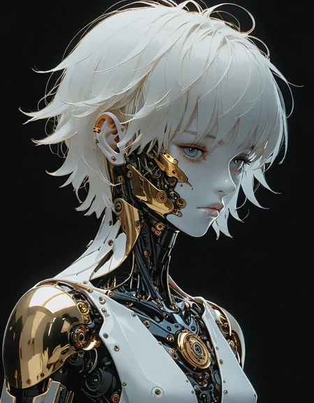 Manga style, detailed hyperrealism, full-body automaton (Jamie Hewlett, John Berkey), with short, straight white hair, opal medallion, head tilted to one side, face hidden by hair, very high contrast, overhead lighting, darkness , nudity, black background; 3D rendering, 4K <lora:Sinozick:1> <lora:epi_noiseoffset2:1>